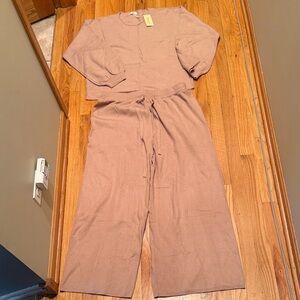 Ekouaer XL Two Piece Lounge Wear Pajama Sweat Suit Nude Tan NWT